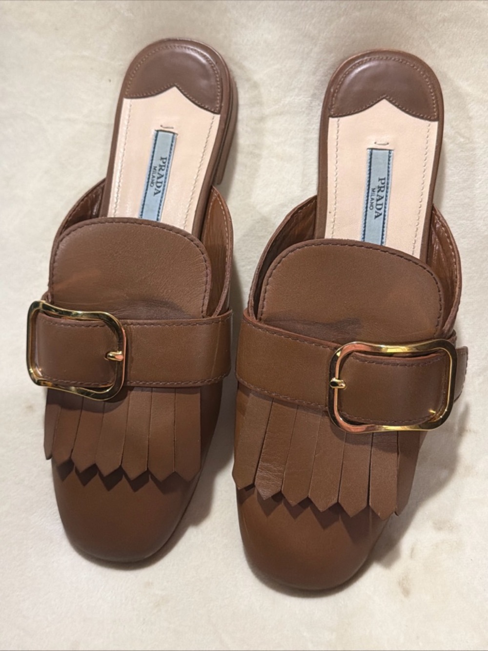 Prada kiltie fringe brown leather gold buckle flats mule loafers EU37 US6.5